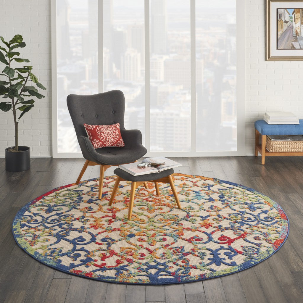 8' Round Ivory And Blue Round Floral Indoor Outdoor Area Rug