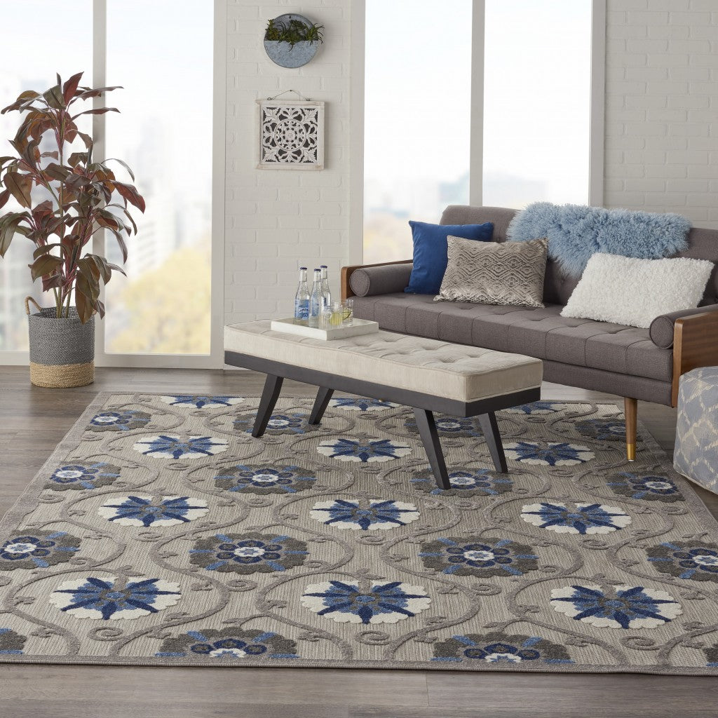 8' X 11' Blue And Gray Floral Indoor Outdoor Area Rug