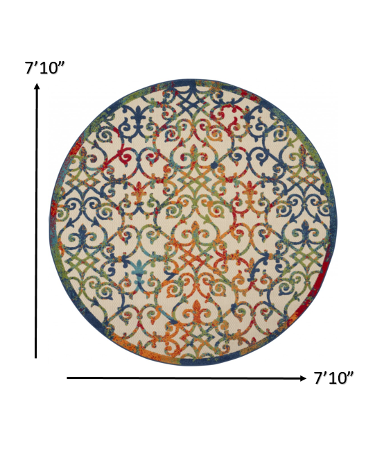 8' Round Ivory And Blue Round Floral Indoor Outdoor Area Rug