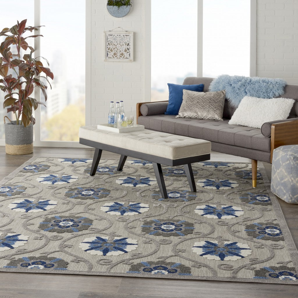 8' X 11' Blue And Gray Floral Indoor Outdoor Area Rug