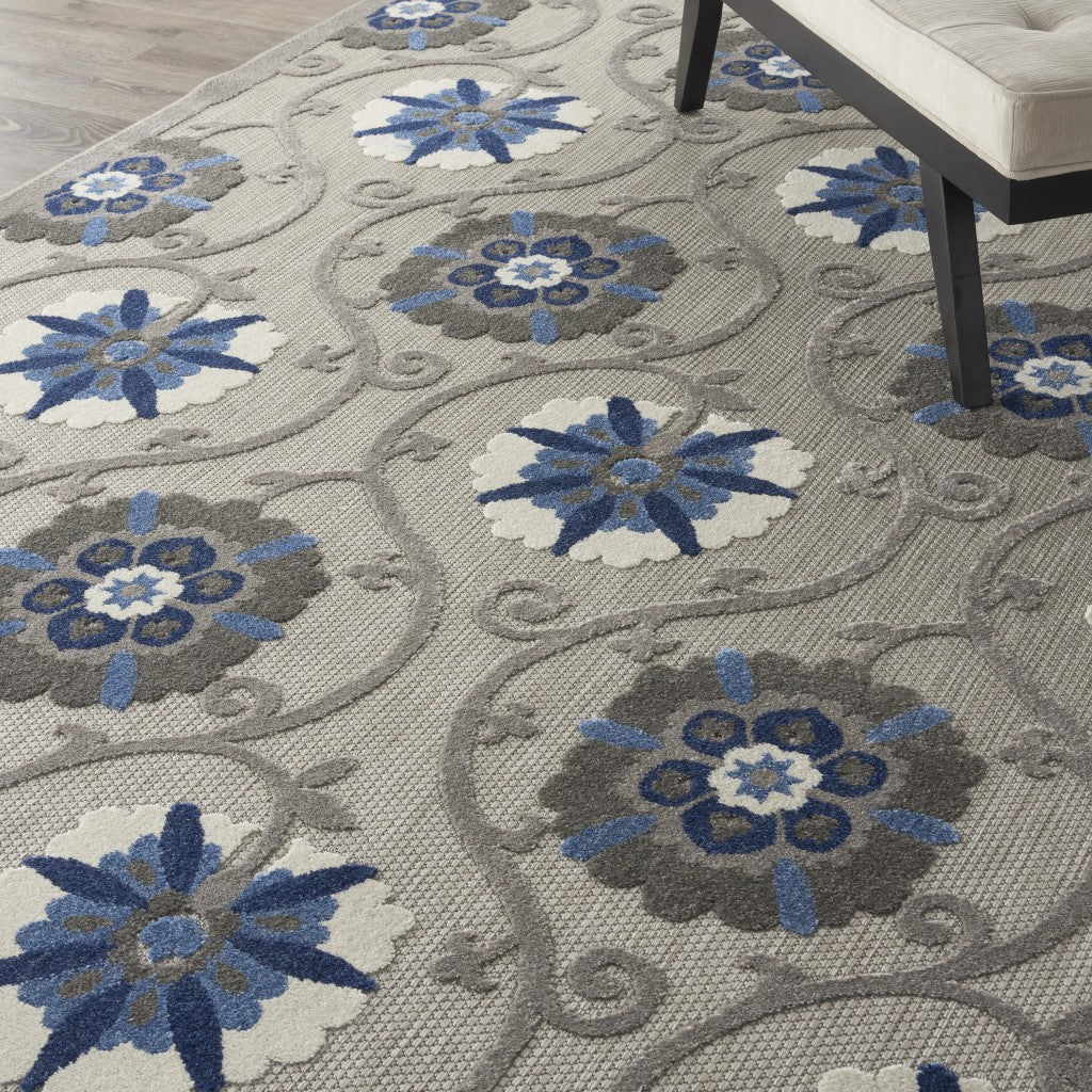 8' X 11' Blue And Gray Floral Indoor Outdoor Area Rug