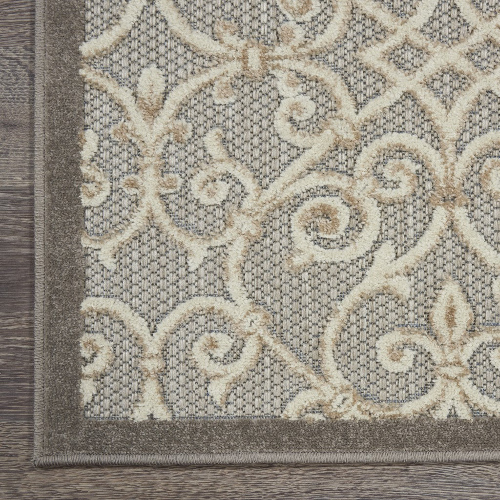 2' X 10' Gray And Ivory Floral Indoor Outdoor Area Rug