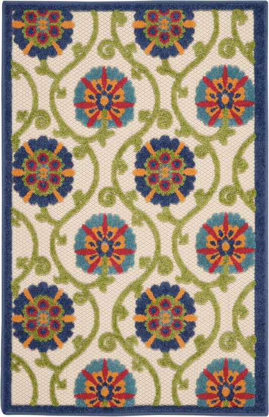 3' X 4' Ivory And Blue Floral Indoor Outdoor Area Rug