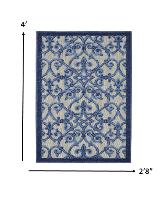 3' X 4' Blue And Gray Floral Indoor Outdoor Area Rug