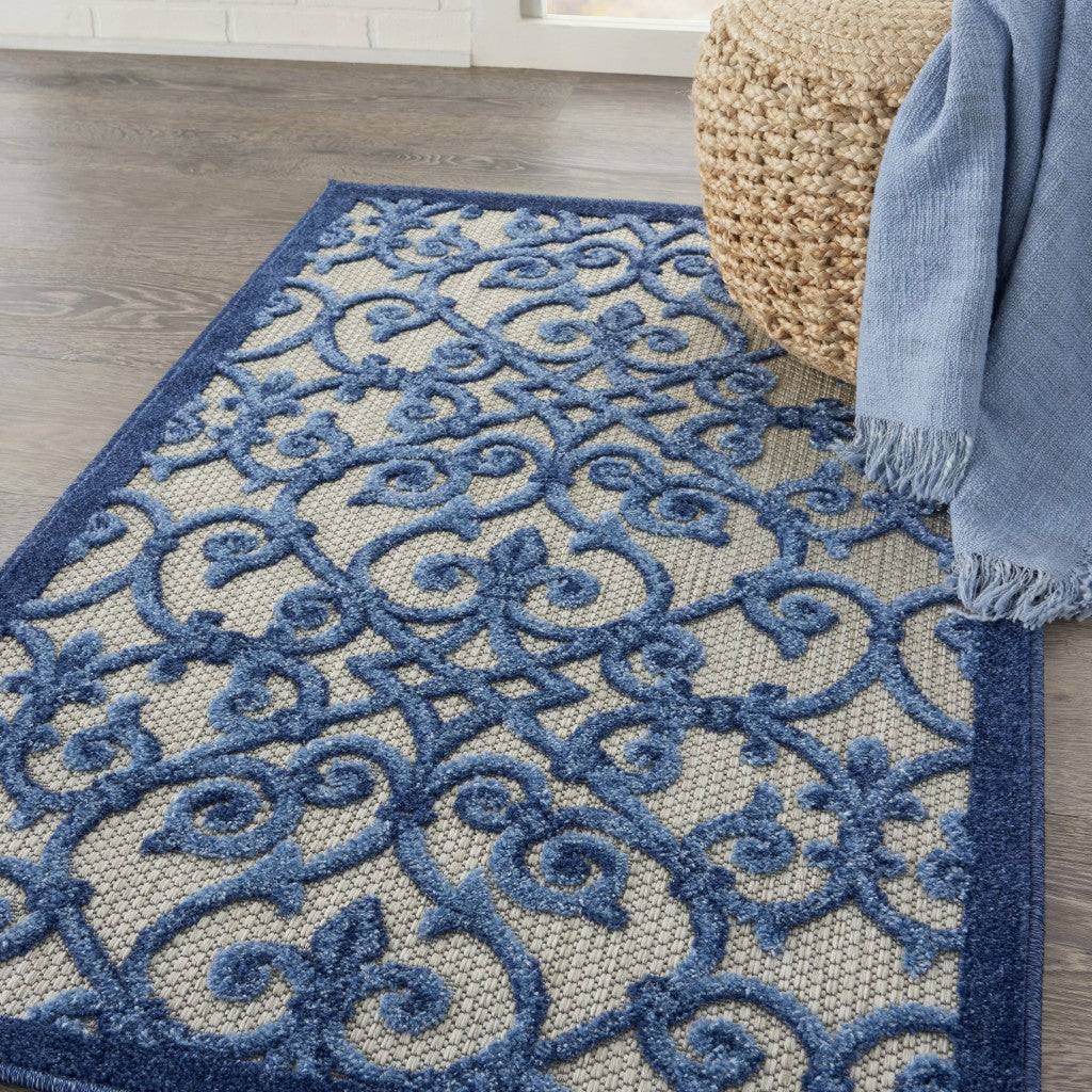 3' X 4' Blue And Gray Floral Indoor Outdoor Area Rug