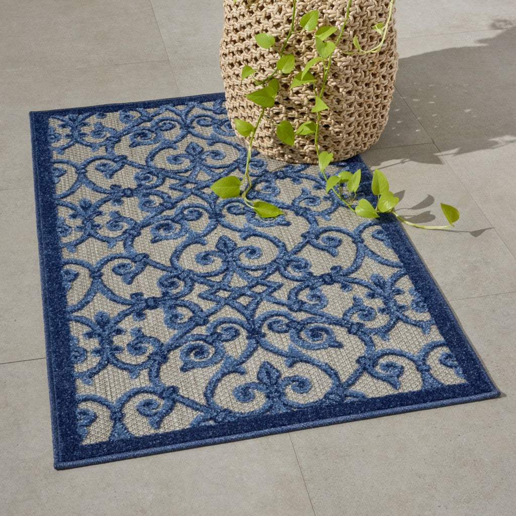 3' X 4' Blue And Gray Floral Indoor Outdoor Area Rug