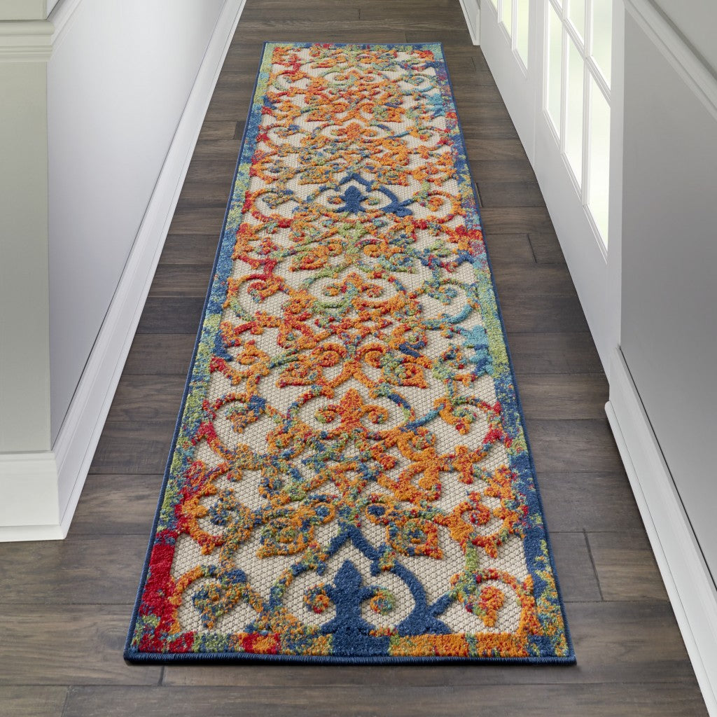 2' X 10' Ivory And Blue Floral Indoor Outdoor Area Rug