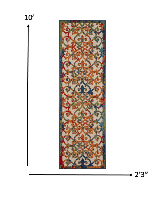 2' X 10' Ivory And Blue Floral Indoor Outdoor Area Rug