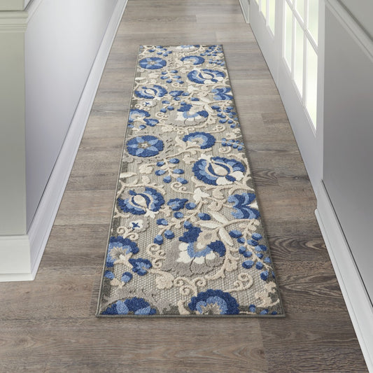 2' X 8' Blue And Gray Floral Indoor Outdoor Area Rug