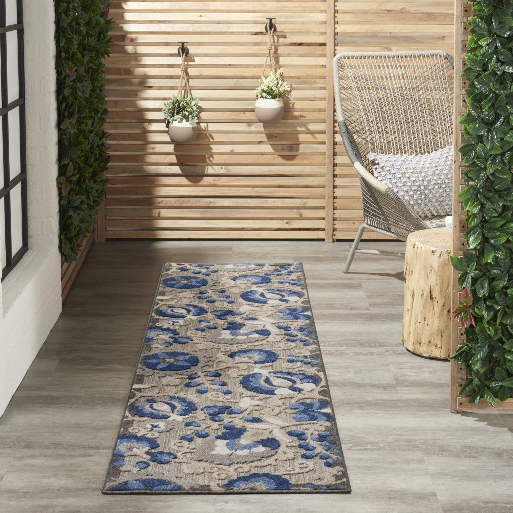 2' X 8' Blue And Gray Floral Indoor Outdoor Area Rug