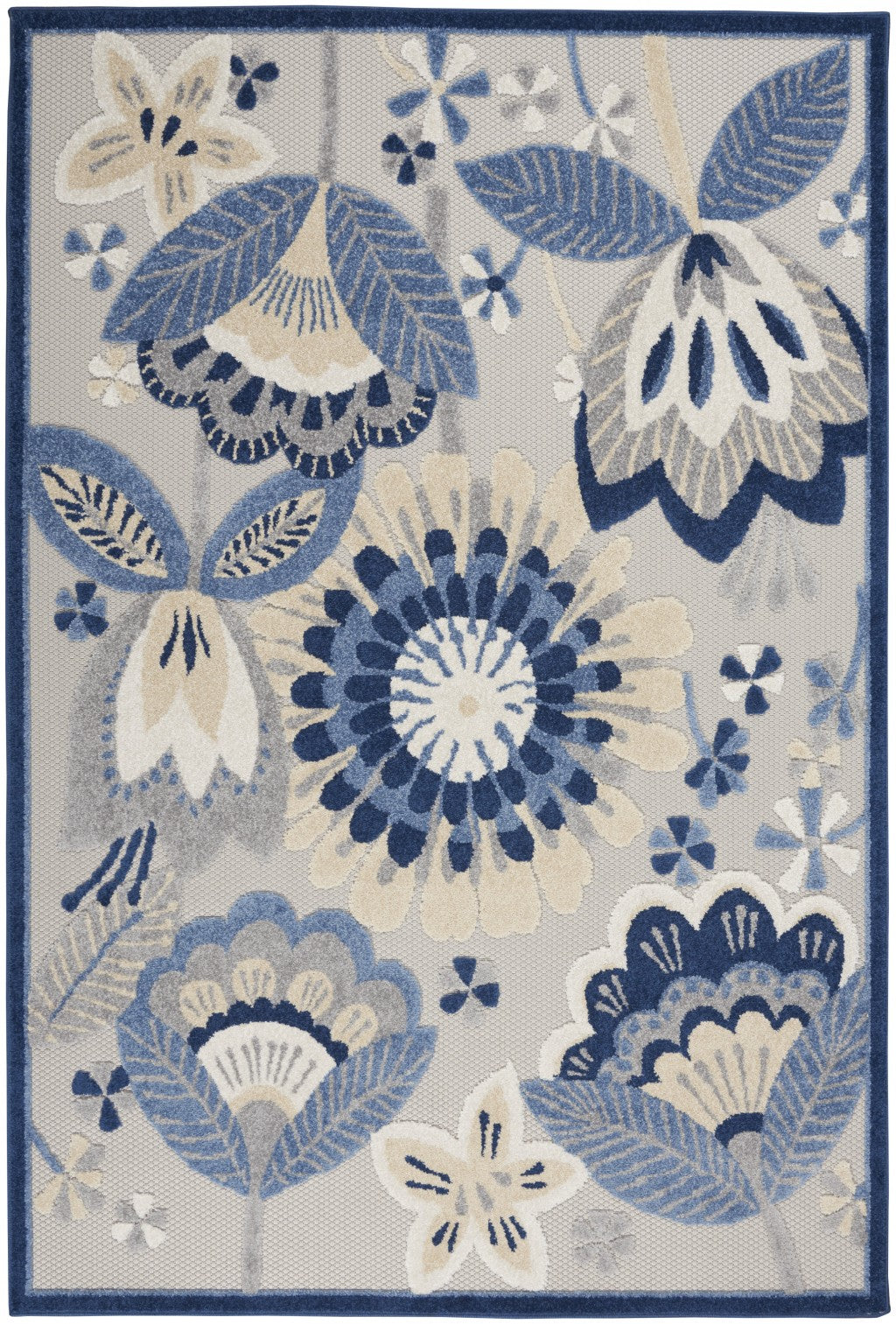 4' X 6' Blue And Gray Floral Indoor Outdoor Area Rug