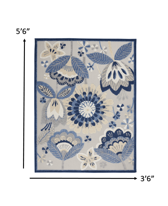 4' X 6' Blue And Gray Floral Indoor Outdoor Area Rug