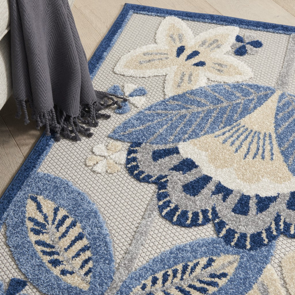 4' X 6' Blue And Gray Floral Indoor Outdoor Area Rug