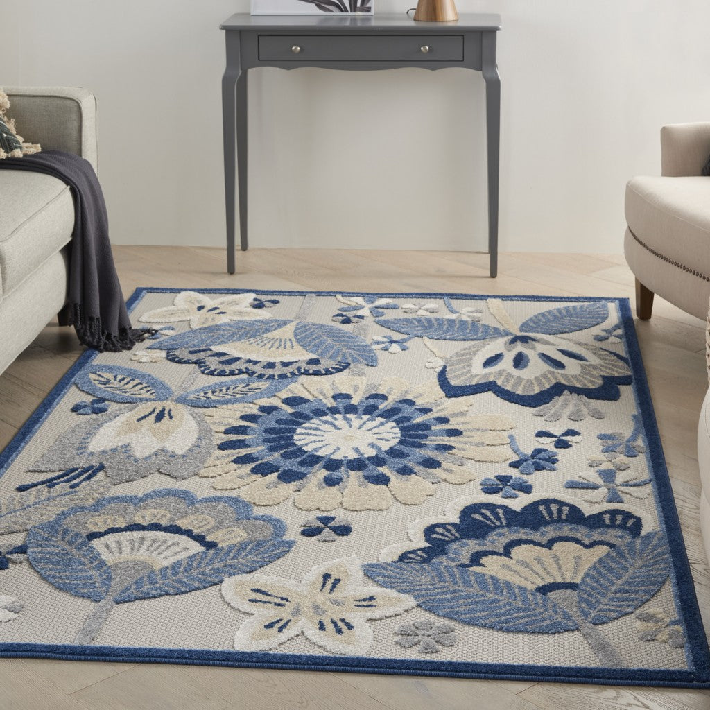 4' X 6' Blue And Gray Floral Indoor Outdoor Area Rug