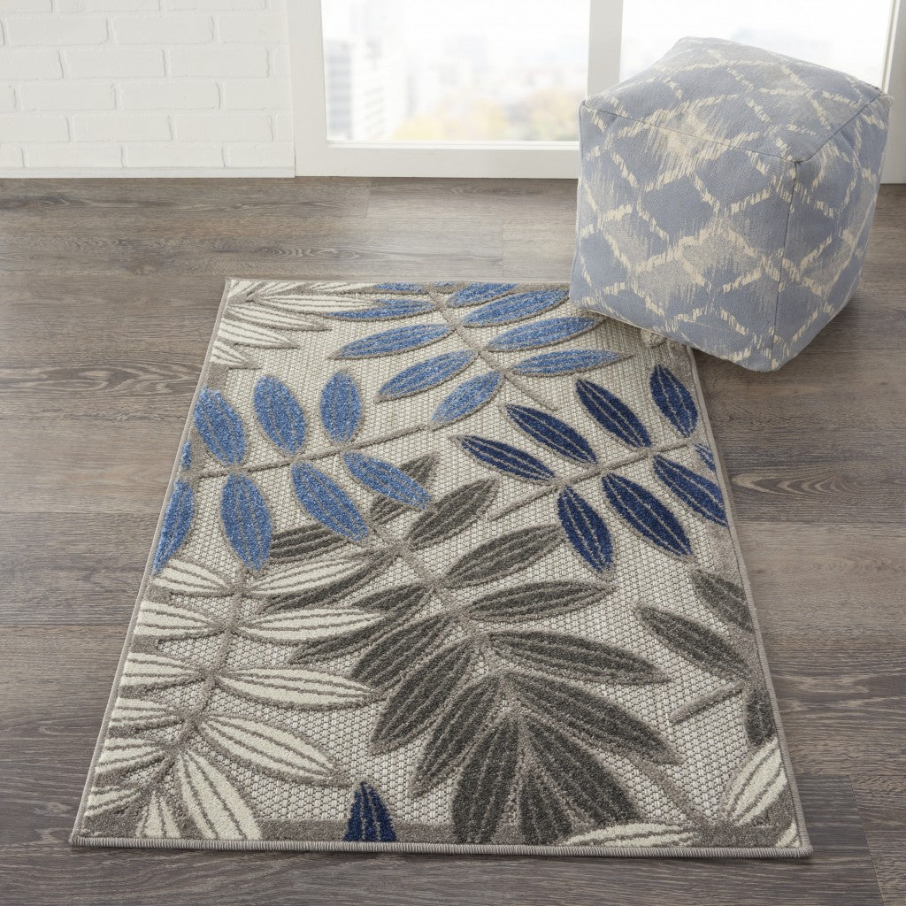 3' X 4' Blue And Gray Floral Indoor Outdoor Area Rug