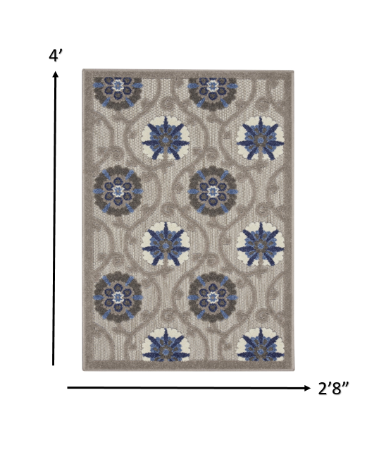 3' X 4' Blue And Gray Floral Indoor Outdoor Area Rug