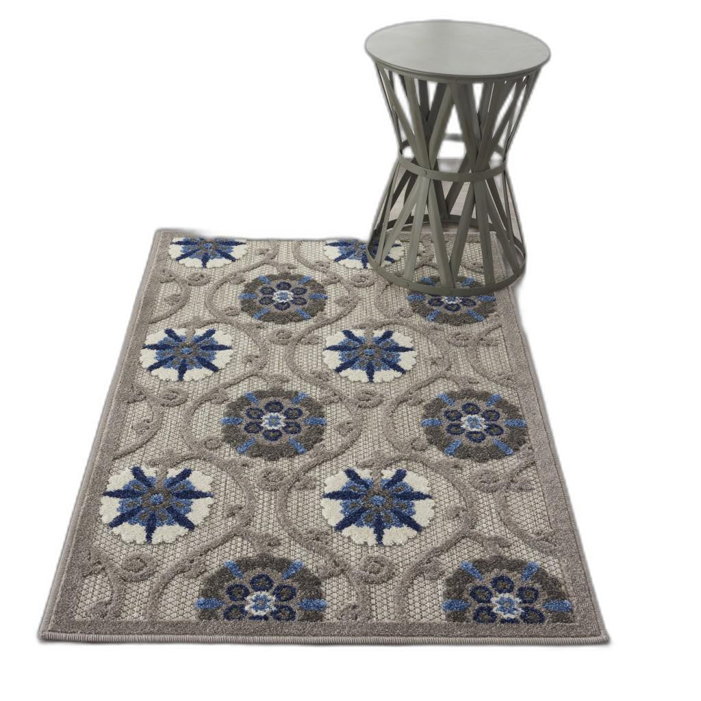 3' X 4' Blue And Gray Floral Indoor Outdoor Area Rug