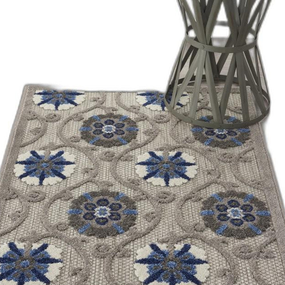 3' X 4' Blue And Gray Floral Indoor Outdoor Area Rug