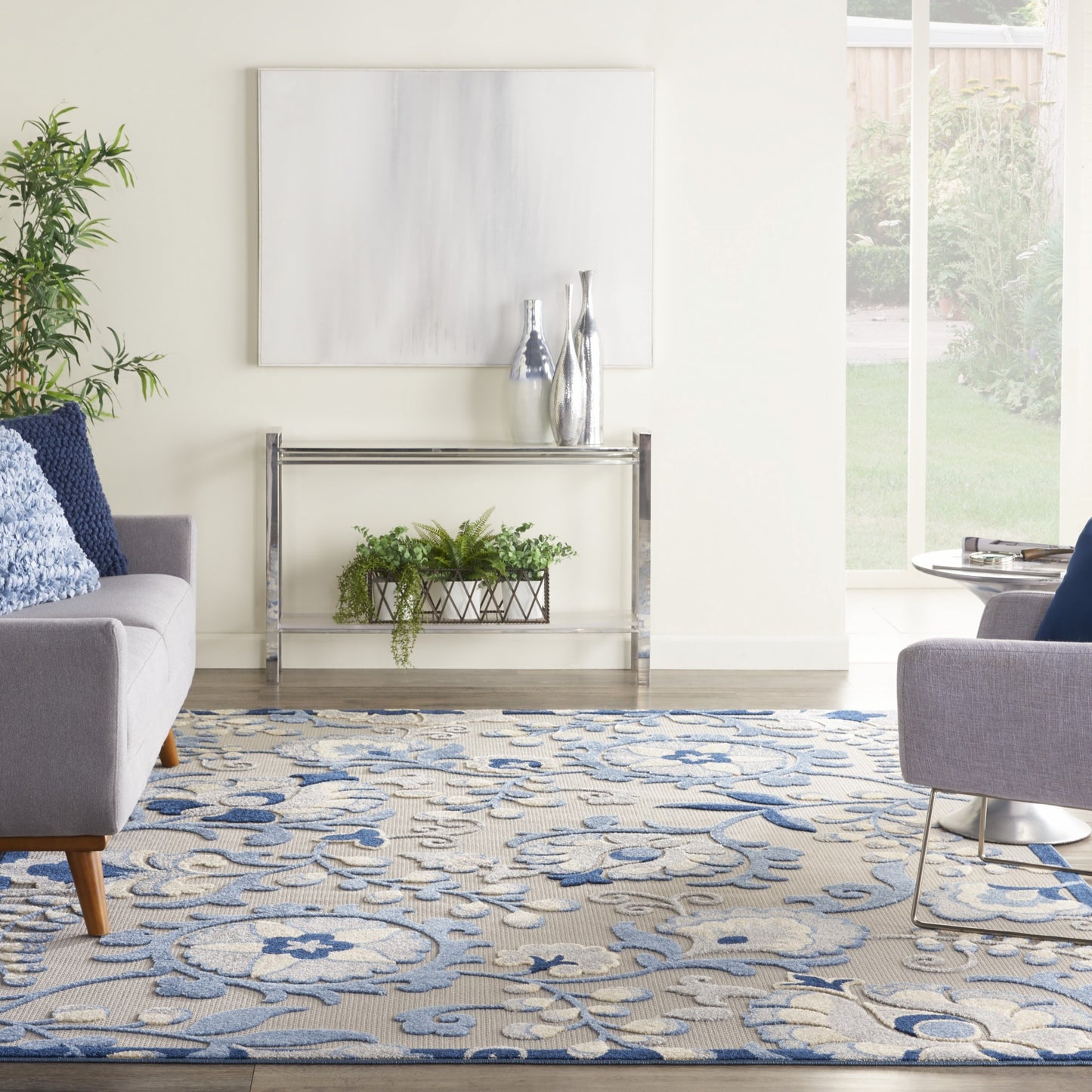 8' X 11' Blue And Gray Floral Indoor Outdoor Area Rug