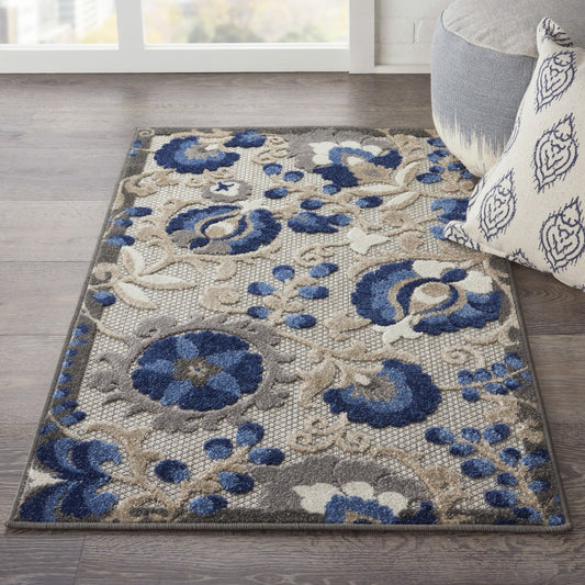 3' X 4' Blue And Gray Floral Indoor Outdoor Area Rug