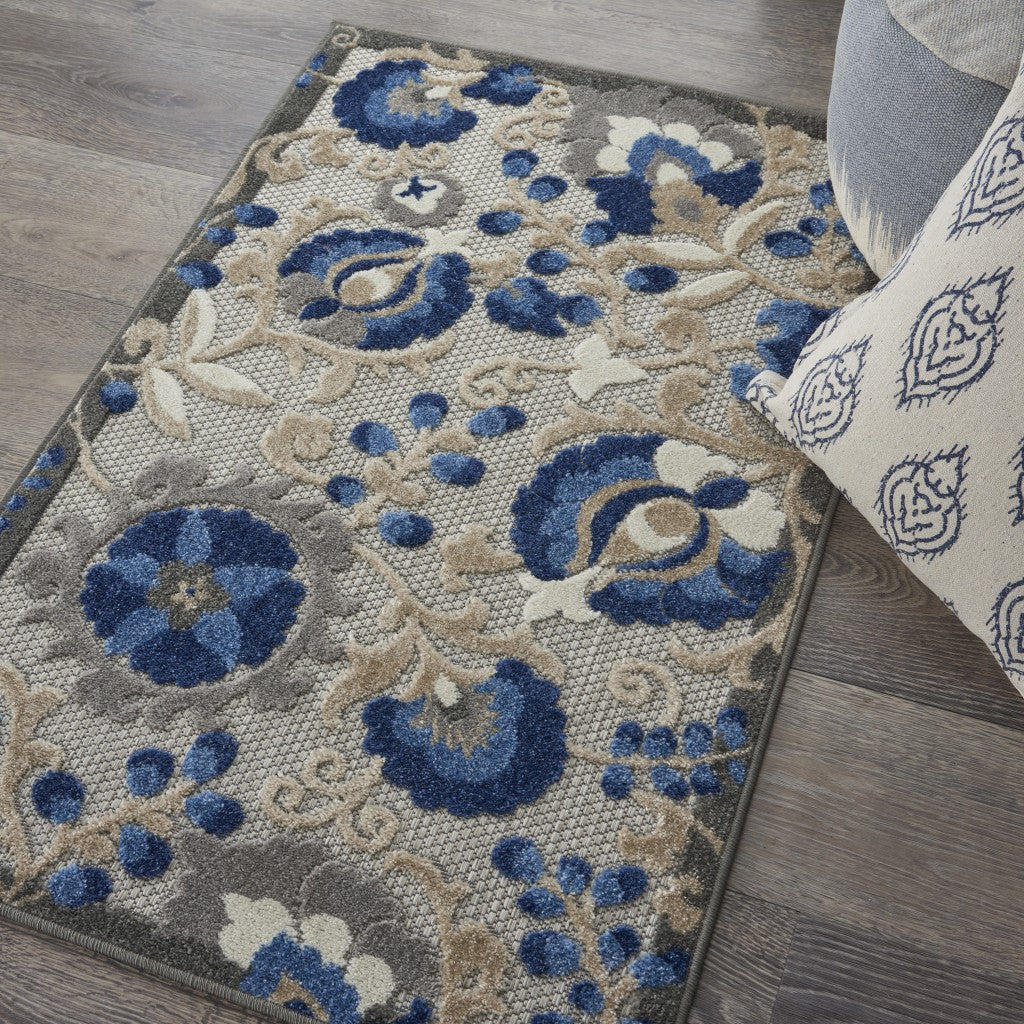 3' X 4' Blue And Gray Floral Indoor Outdoor Area Rug