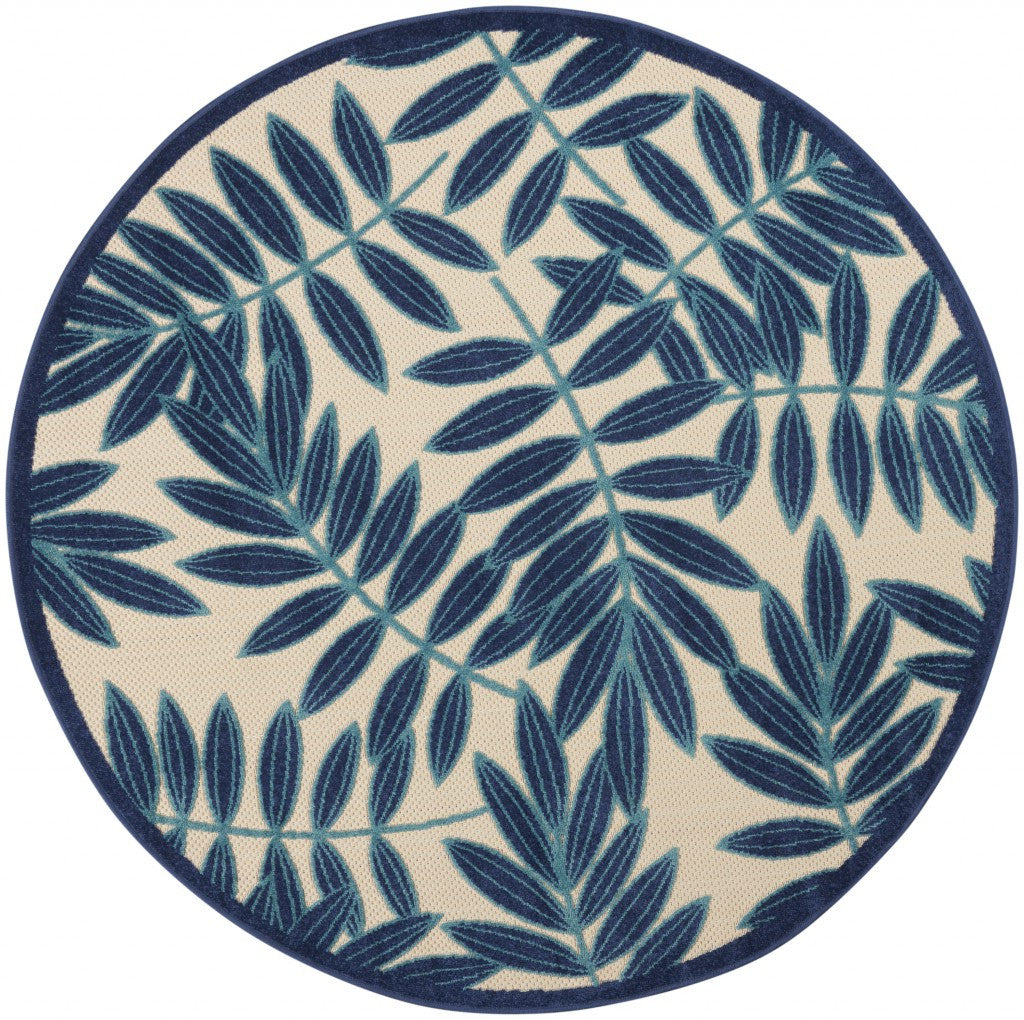 5' X 5' Navy Round Floral Indoor Outdoor Area Rug