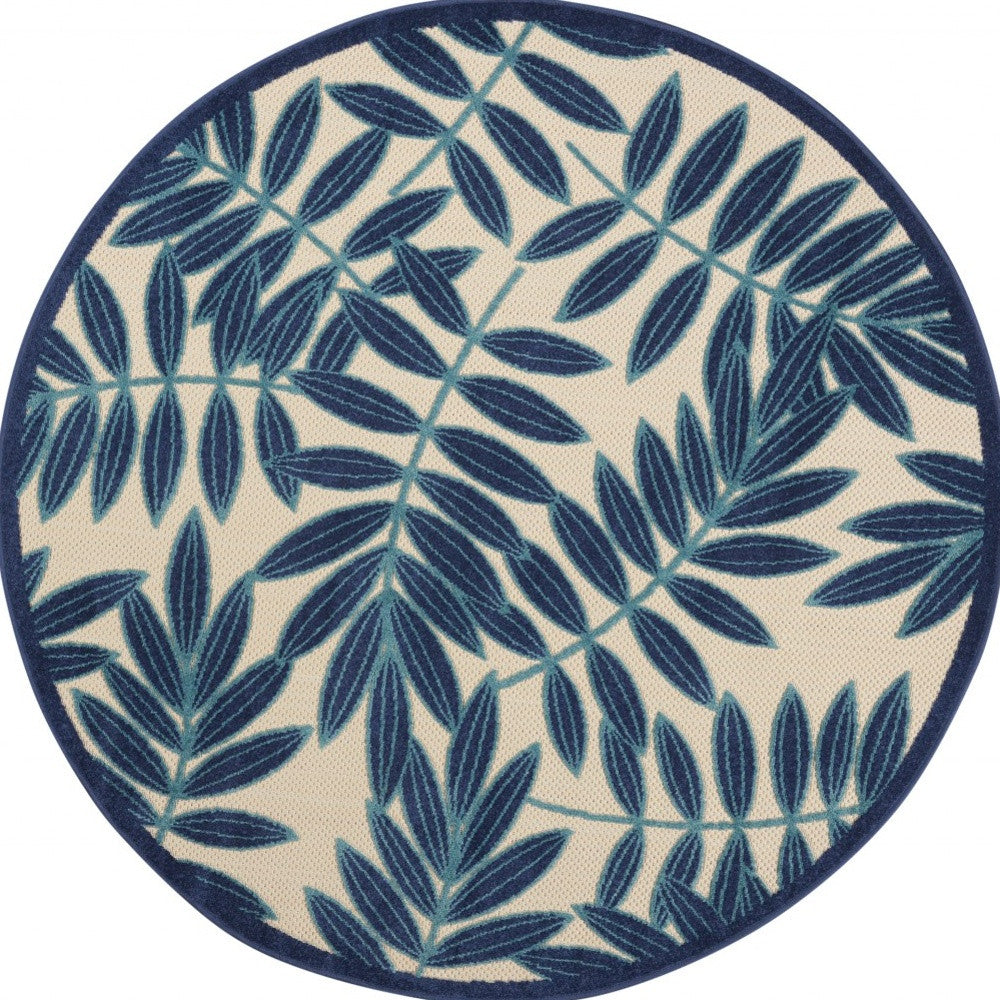 5' X 5' Navy Round Floral Indoor Outdoor Area Rug