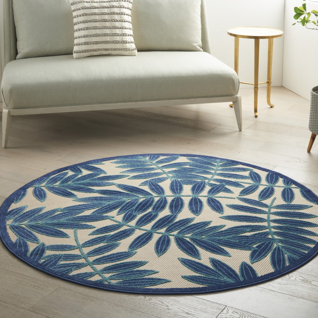 5' X 5' Navy Round Floral Indoor Outdoor Area Rug