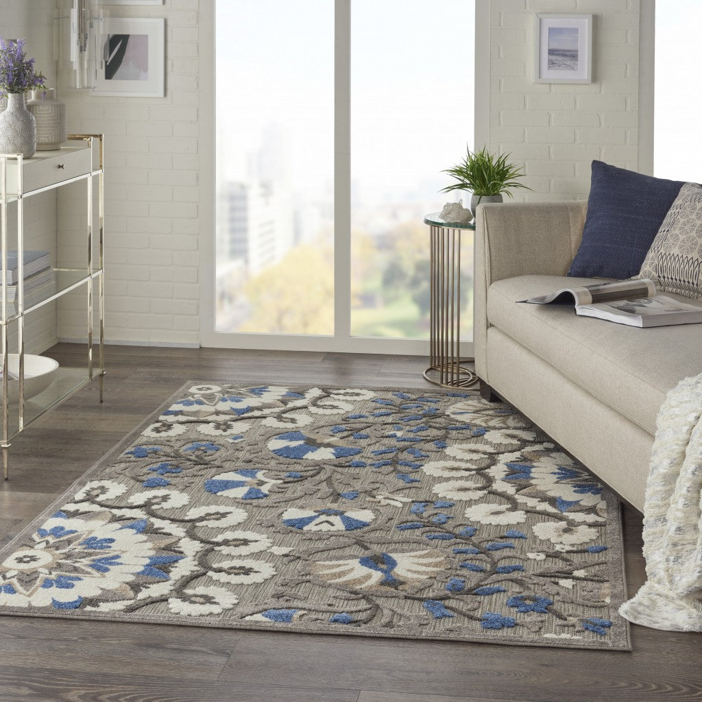 4' X 6' Blue And Gray Floral Indoor Outdoor Area Rug