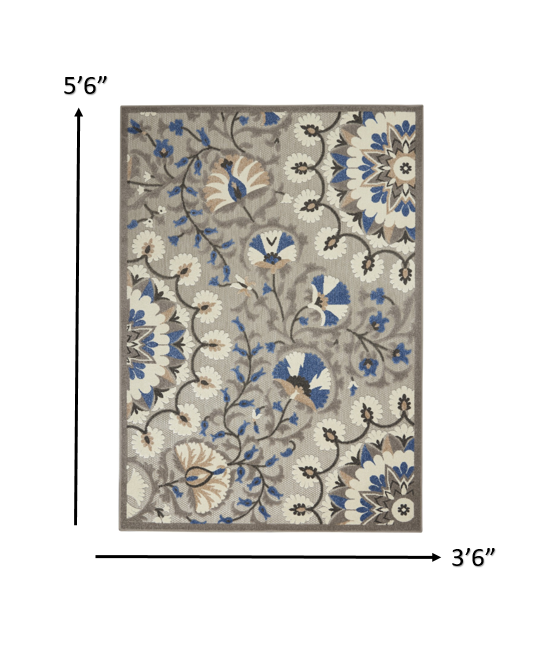 4' X 6' Blue And Gray Floral Indoor Outdoor Area Rug