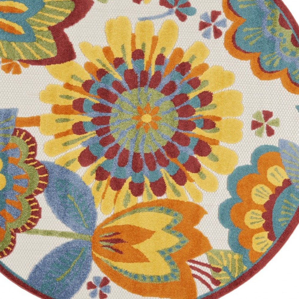 4' Round Yellow And Ivory Round Floral Indoor Outdoor Area Rug