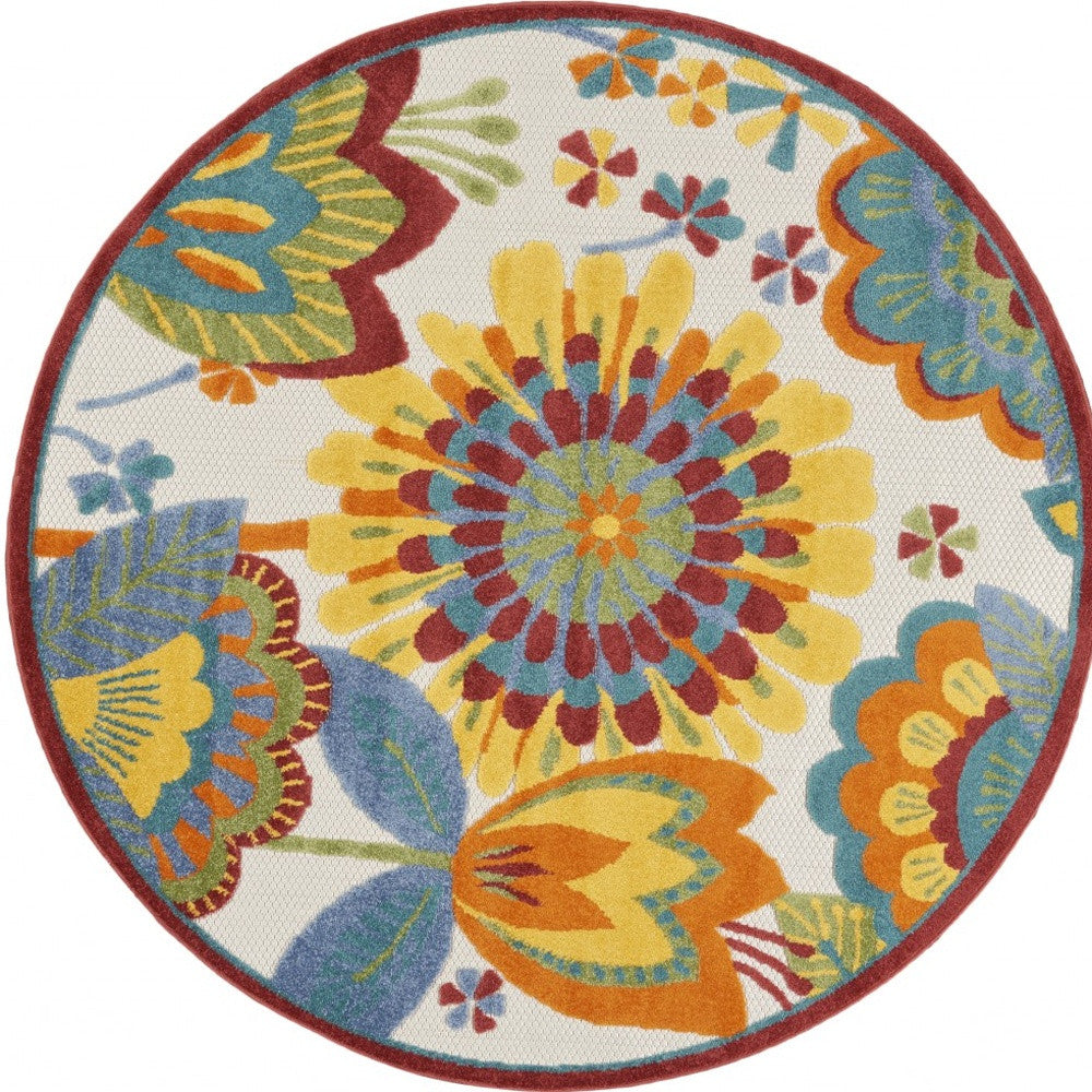 4' Round Yellow And Ivory Round Floral Indoor Outdoor Area Rug