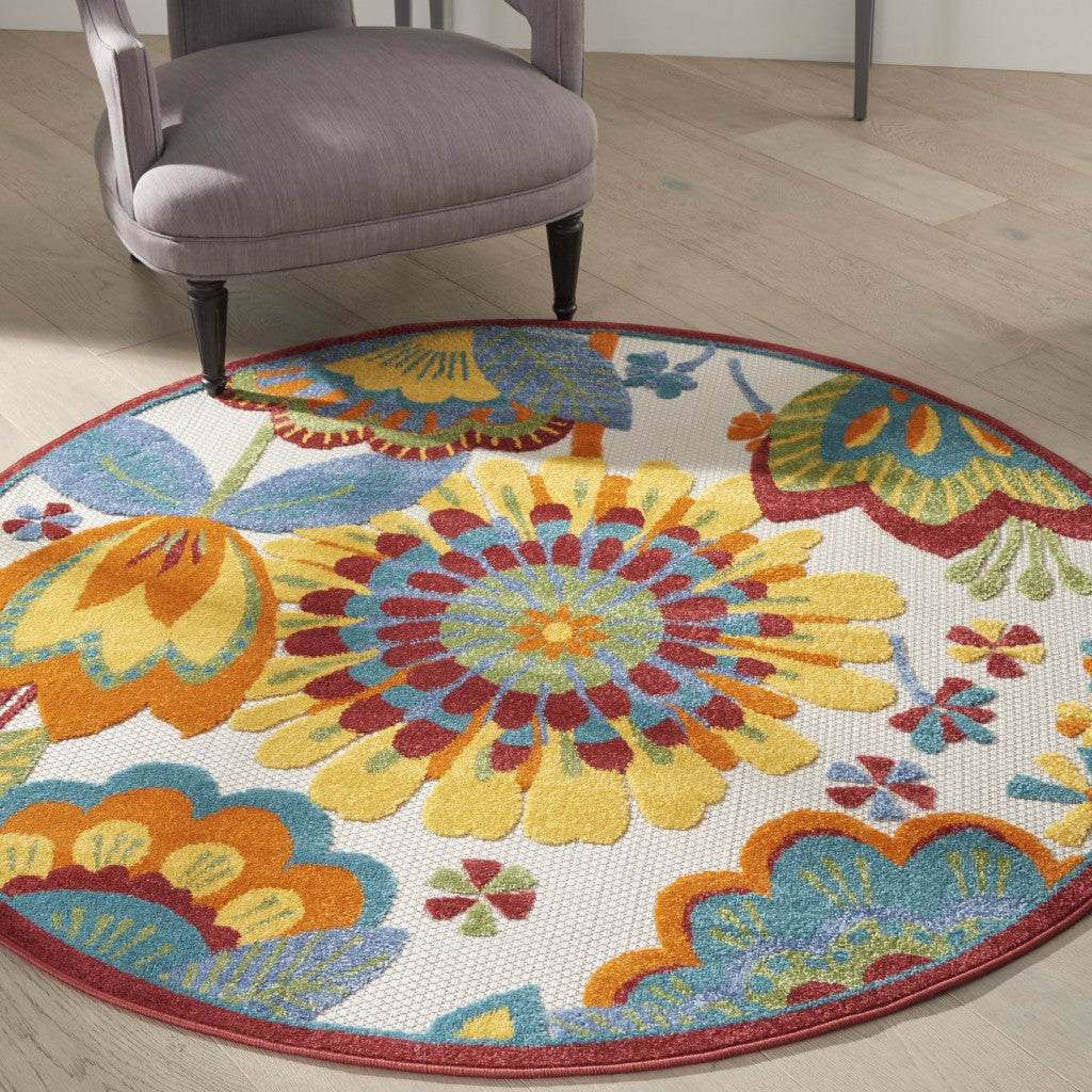 4' Round Yellow And Ivory Round Floral Indoor Outdoor Area Rug