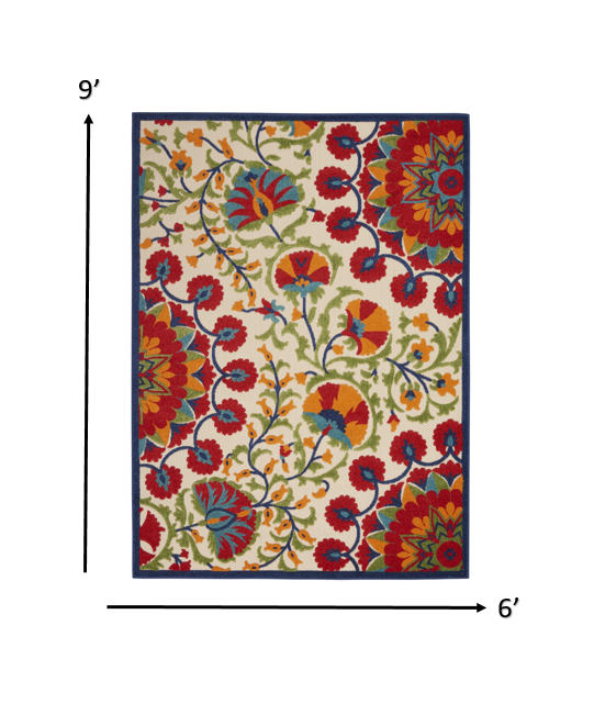 6' X 9' Red And Ivory Floral Indoor Outdoor Area Rug