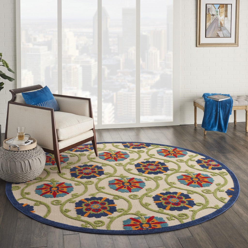 8' Round Ivory And Blue Round Floral Indoor Outdoor Area Rug