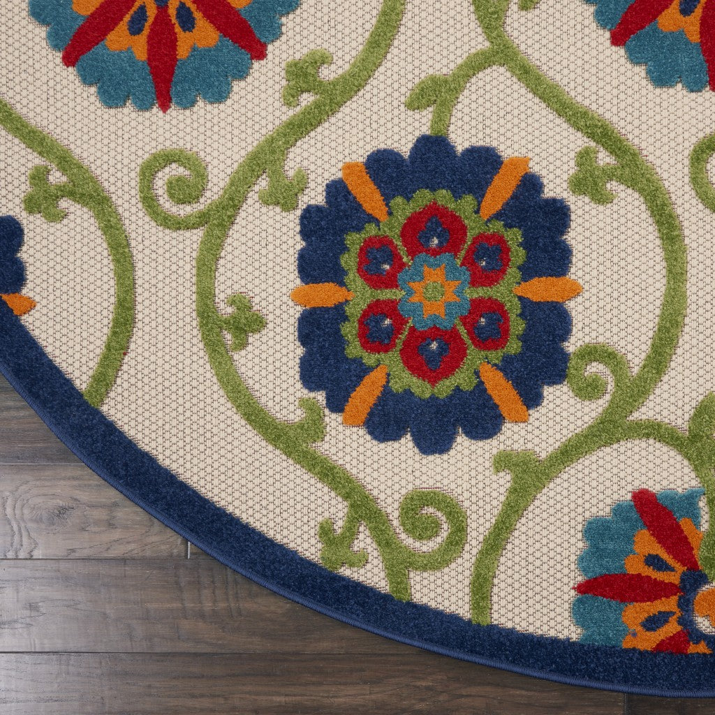 8' Round Ivory And Blue Round Floral Indoor Outdoor Area Rug