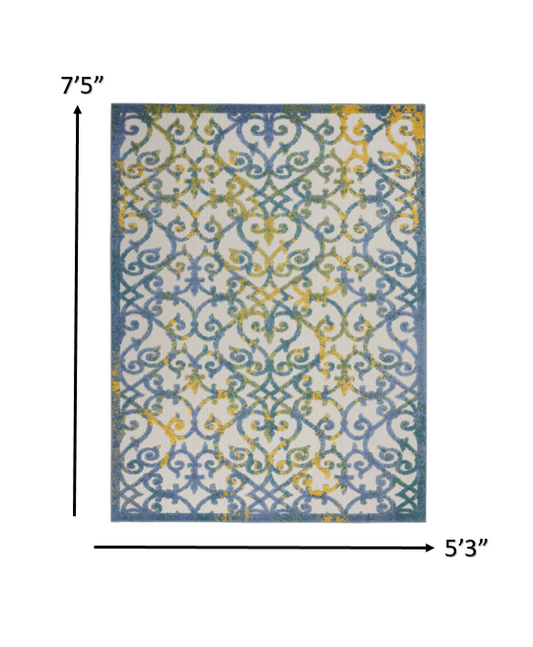 5' X 8' Ivory And Blue Floral Indoor Outdoor Area Rug