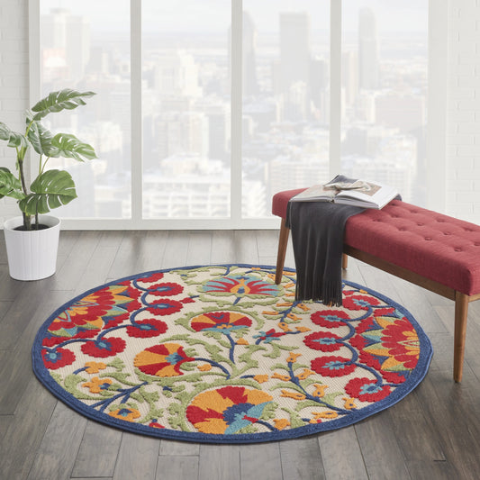 4' Round Red And Ivory Round Floral Indoor Outdoor Area Rug