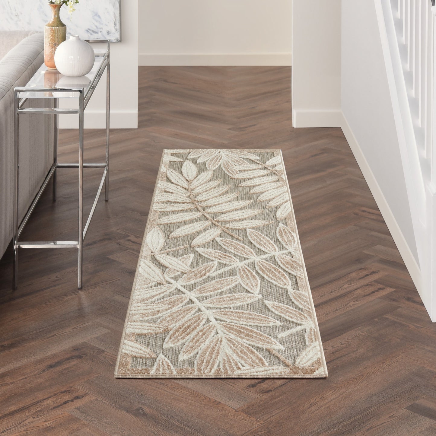 6' Runner Gray And Ivory Floral Stain Resistant Indoor Outdoor Runner Rug