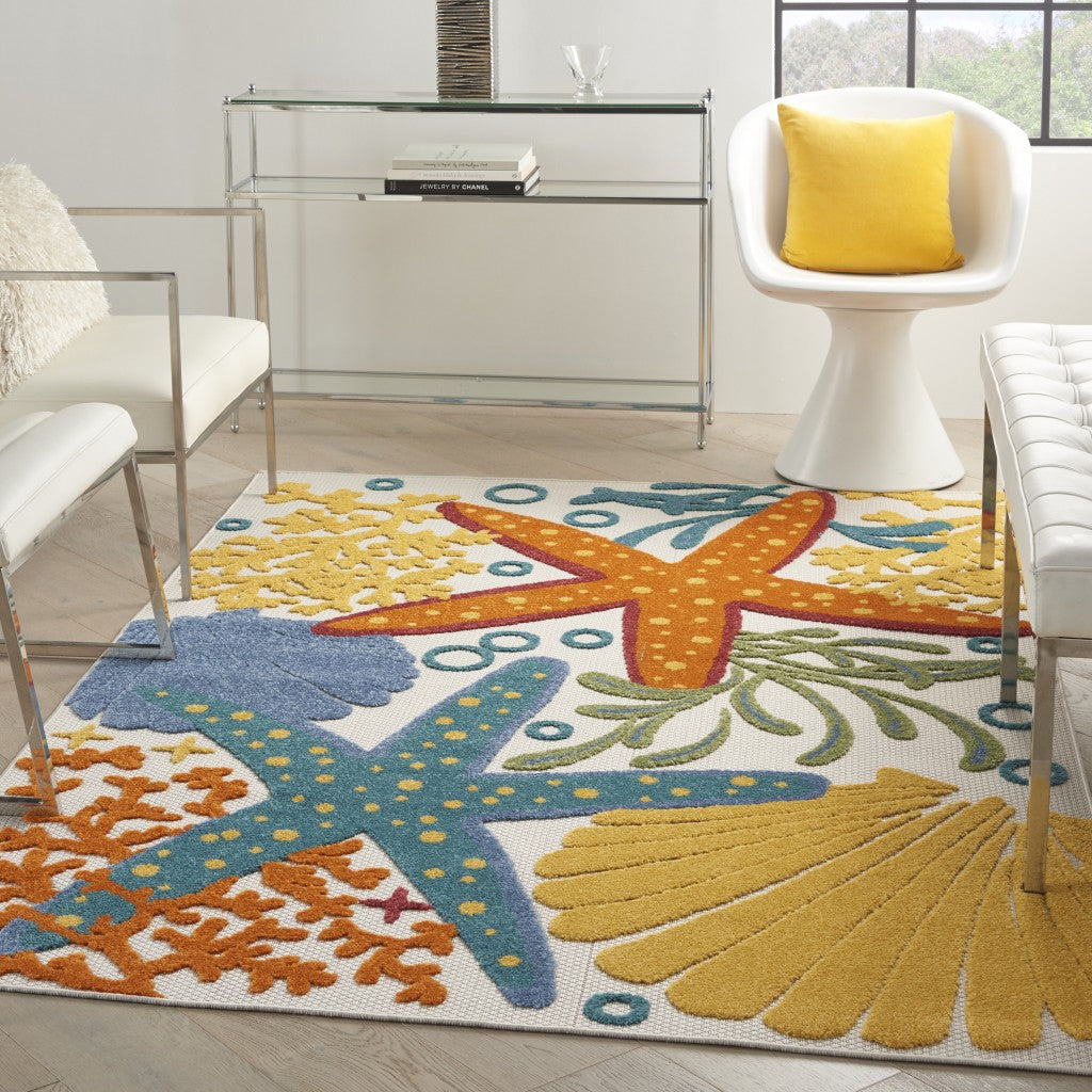 5' X 8' Yellow And Ivory Indoor Outdoor Area Rug