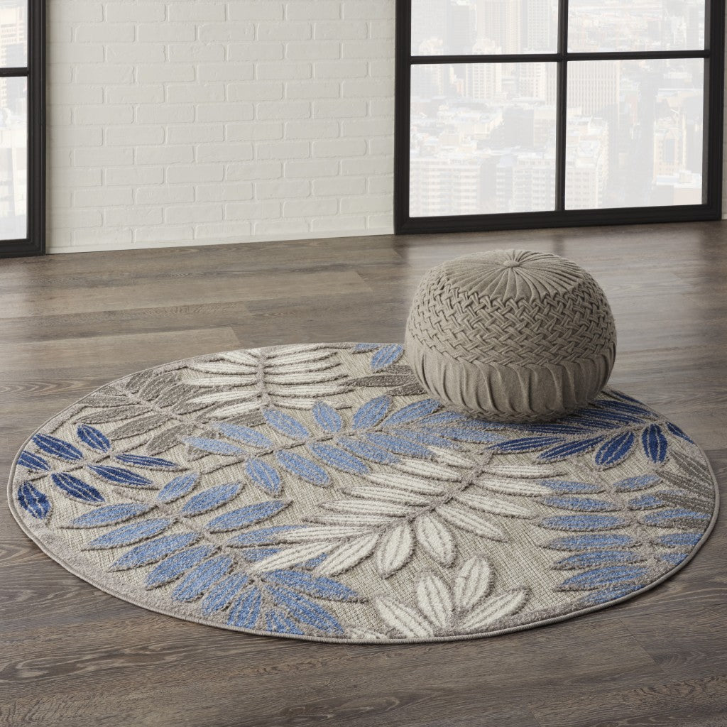 4' Round Blue And Gray Round Floral Indoor Outdoor Area Rug