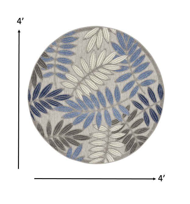 4' Round Blue And Gray Round Floral Indoor Outdoor Area Rug