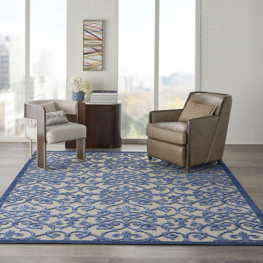 8' X 11' Blue And Gray Floral Indoor Outdoor Area Rug