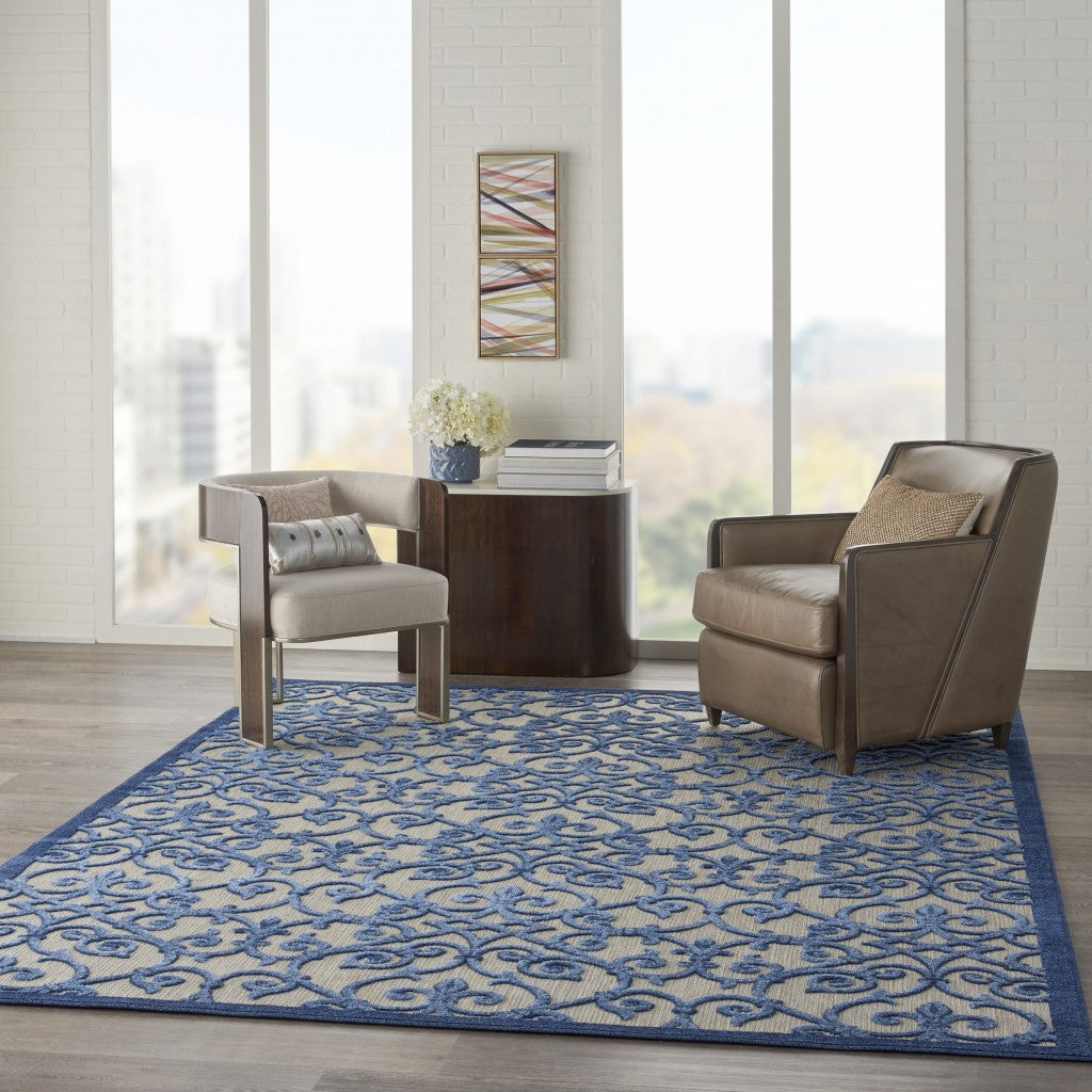 8' X 11' Blue And Gray Floral Indoor Outdoor Area Rug