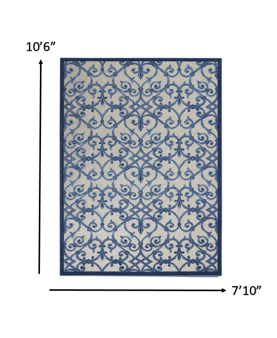 8' X 11' Blue And Gray Floral Indoor Outdoor Area Rug