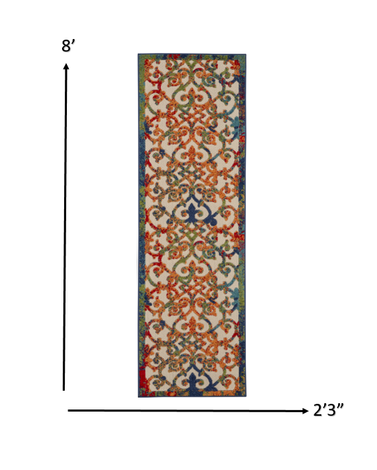 2' X 8' Ivory And Blue Floral Indoor Outdoor Area Rug