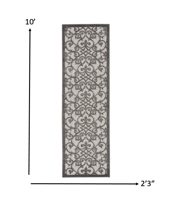 2' X 10' Gray Floral Indoor Outdoor Area Rug