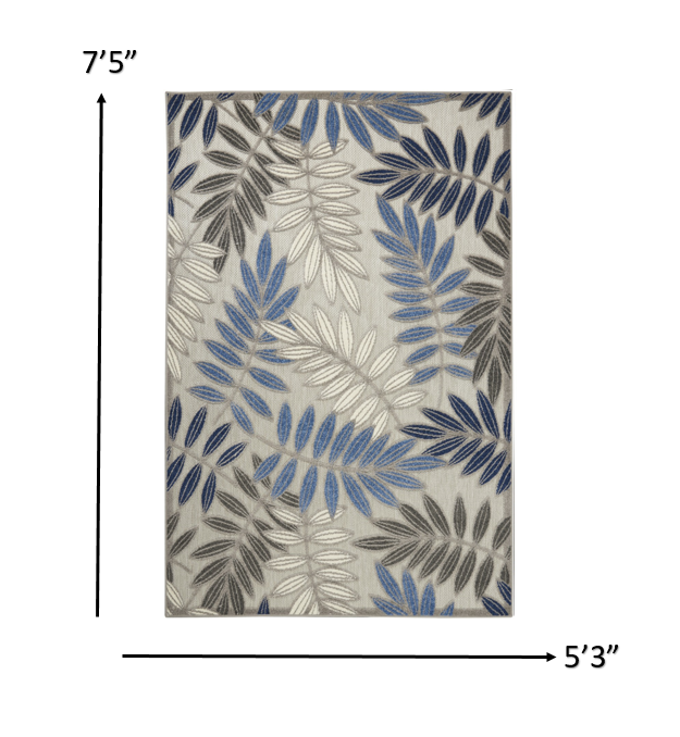 5' X 7' Blue And Gray Floral Stain Resistant Indoor Outdoor Area Rug