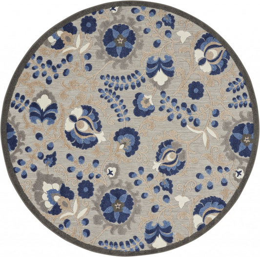 4' Round Blue And Gray Round Floral Indoor Outdoor Area Rug