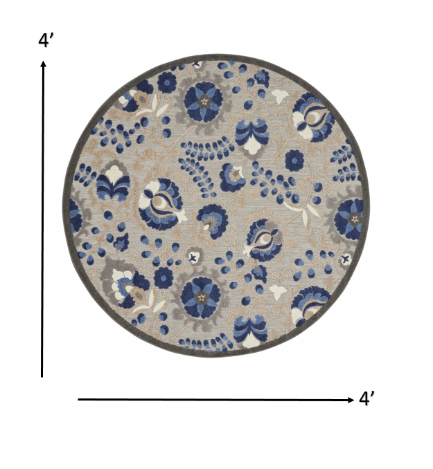 4' Round Blue And Gray Round Floral Indoor Outdoor Area Rug